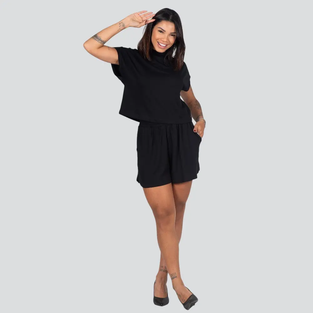 Conjunto Feminino Blusa Manga Curta + Shorts Com Elástico No Cós .617299