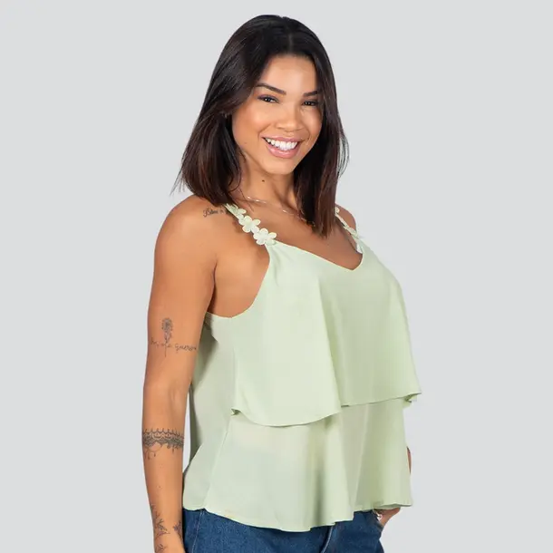 Regata Feminina Alça Fina Com Babado .XH1022 Verde