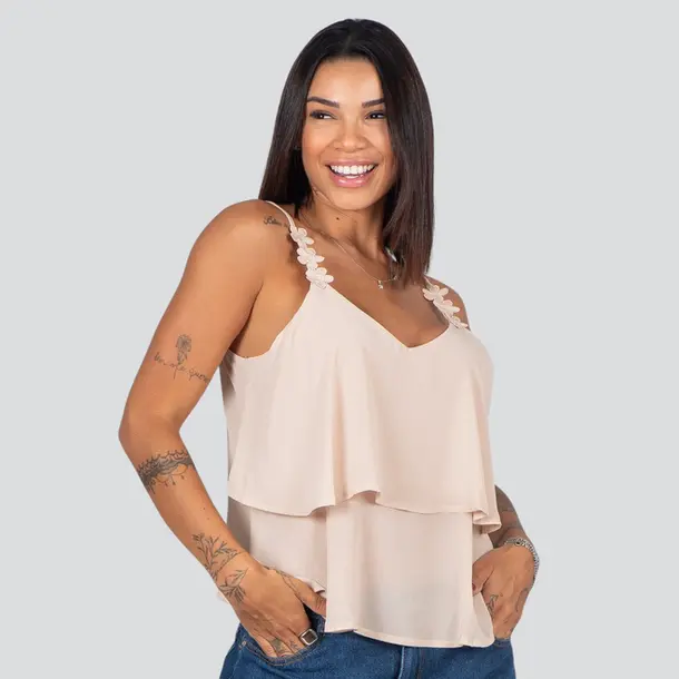 Regata Feminina Alça Fina Com Babado .XH1022 Bege