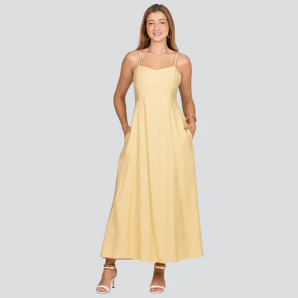 Vestido Longo Feminino Alça Fina com Bolsos .3084