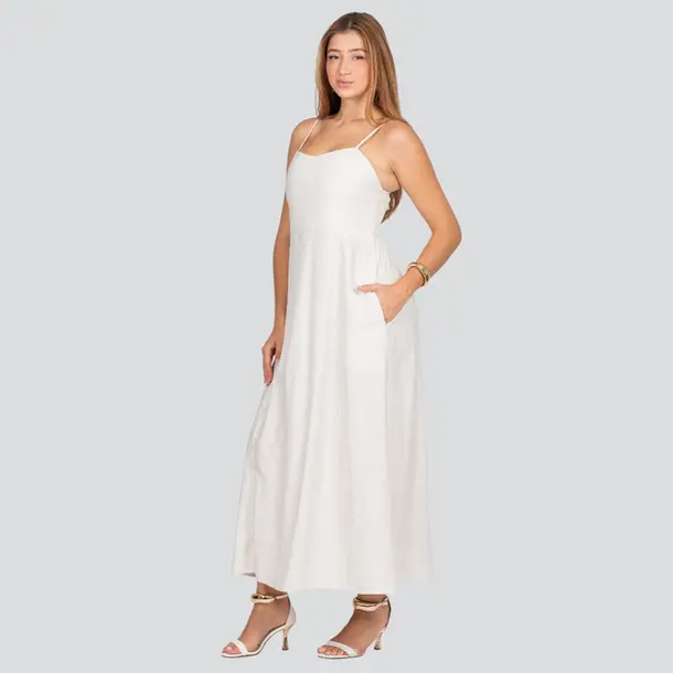 Vestido Longo Feminino Alça Fina com Bolsos .3084 Off