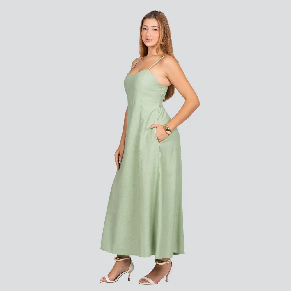 Vestido Longo Feminino Alça Fina com Bolsos .3084
