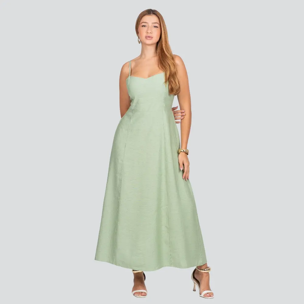 Vestido Longo Feminino Alça Fina com Bolsos .3084