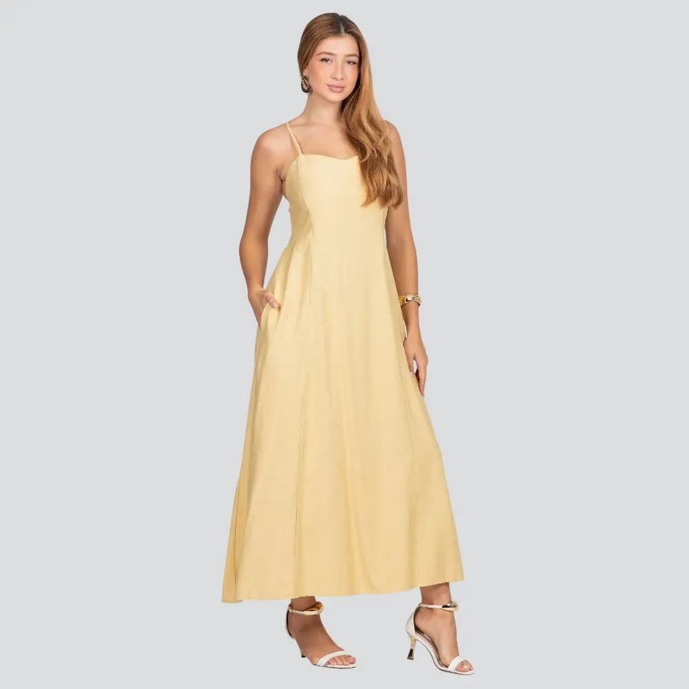 Vestido Longo Feminino Alça Fina com Bolsos .3084