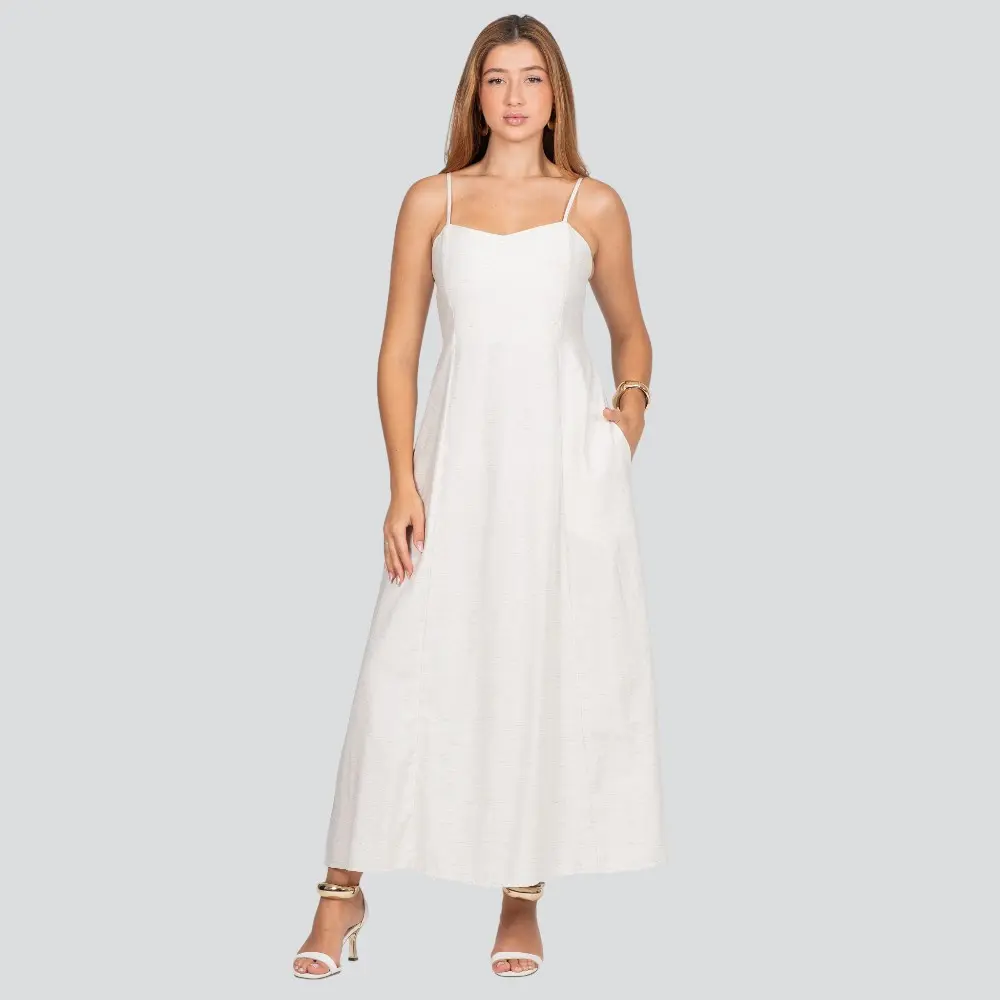 Vestido Longo Feminino Alça Fina com Bolsos .3084