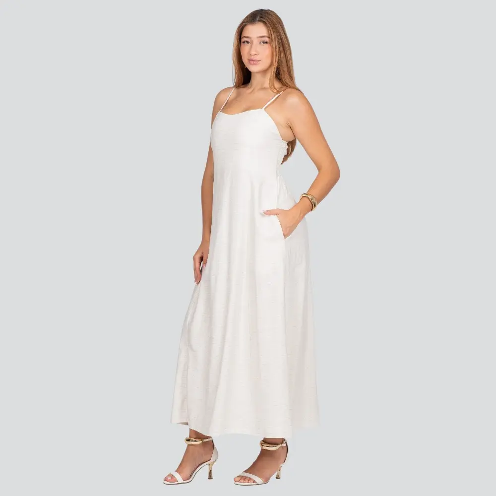 Vestido Longo Feminino Alça Fina com Bolsos .3084