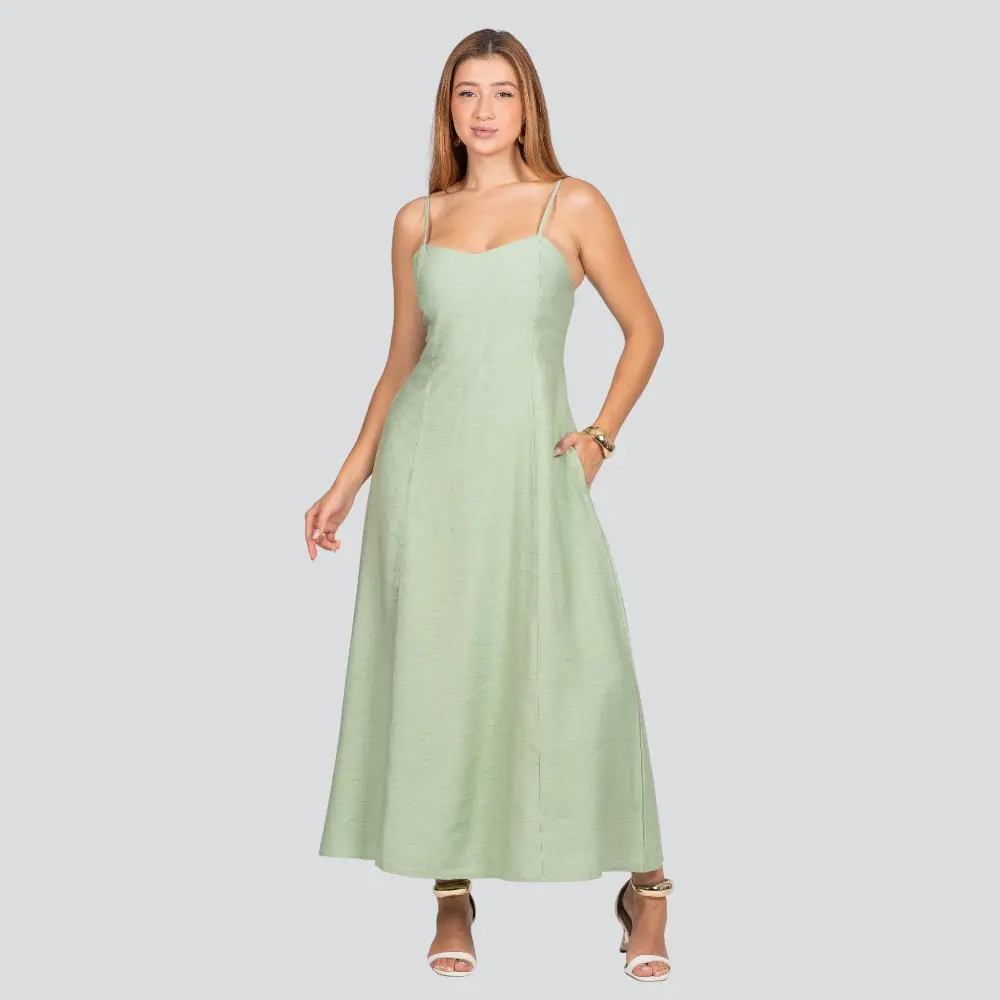 Vestido Longo Feminino Alça Fina com Bolsos .3084