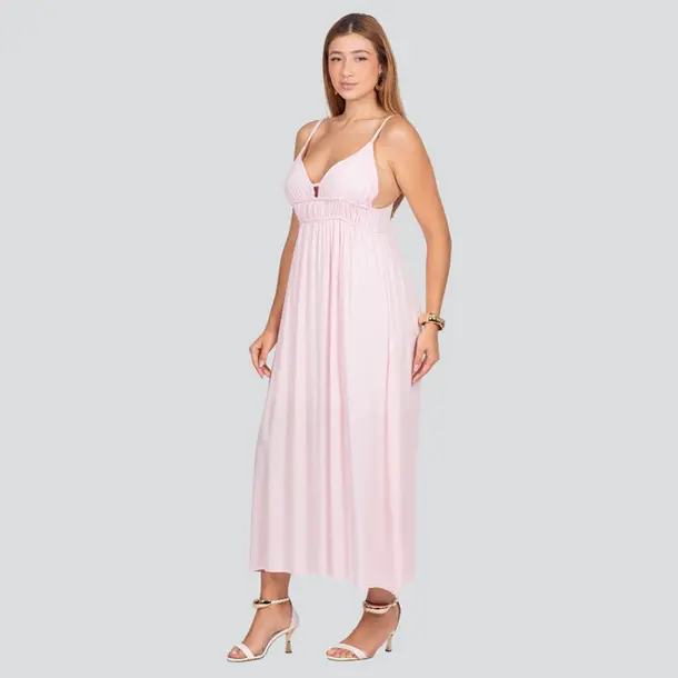 Vestido Midi Feminino Alça Fina com Detalhe no Decote .3092 Rosa