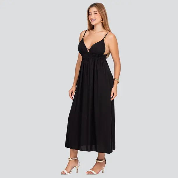 Vestido Midi Feminino Alça Fina com Detalhe no Decote .3092 Preto