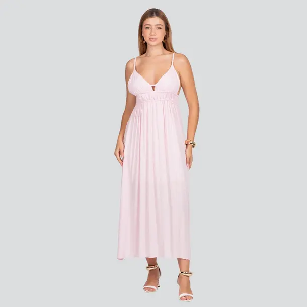Vestido Midi Feminino Alça Fina com Detalhe no Decote .3092 Rosa