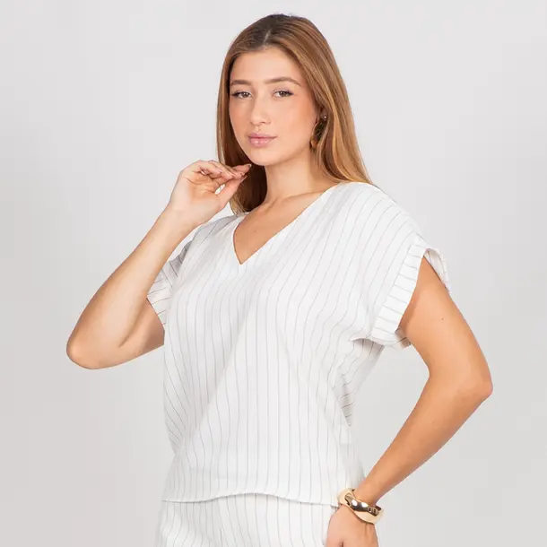Blusa Feminina Manga Curta Decote V Risca de Giz .1004994