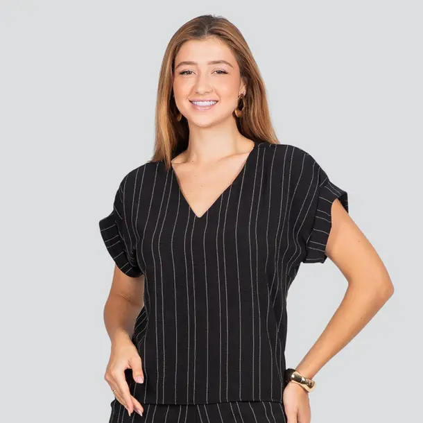 Blusa Feminina Manga Curta Decote V Risca de Giz .1004994 Preto