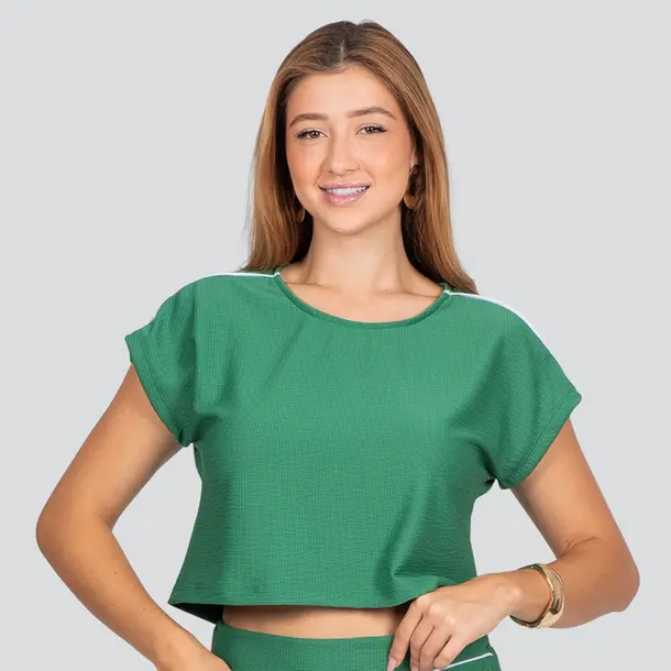 Blusa Feminina Manga Curta Ampla Texturizada .1100520 Verde Grama/Friso Branco