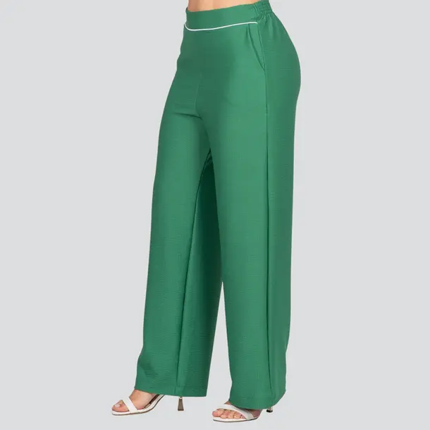 Calça Feminina Pantalona Malha Texturizada .3000908 Verde Grama/Friso Branco