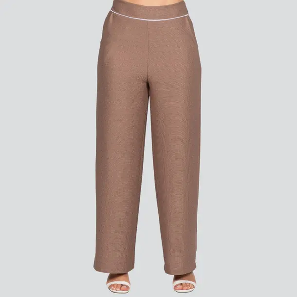 Calça Feminina Pantalona Malha Texturizada .3000908 Marrom Claro/Friso Branco