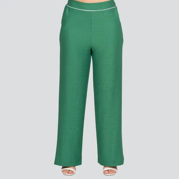 Calça Feminina Pantalona Malha Texturizada .3000908 Verde Grama/Friso Branco