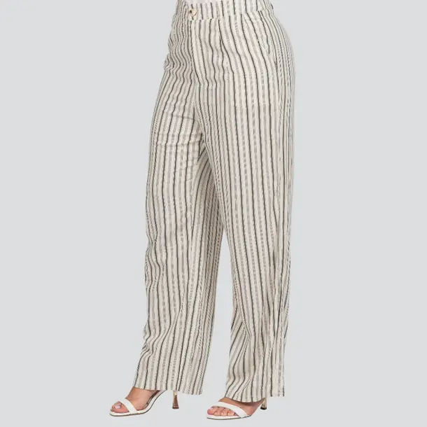 Calça Feminina Pantalona Risca de Giz Linho .JK1073-24 Off/Verde