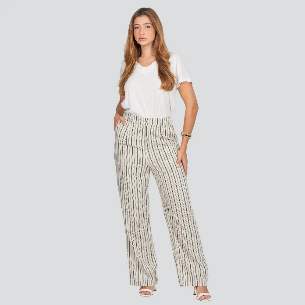 Calça Feminina Pantalona Risca de Giz Linho .JK1073-24