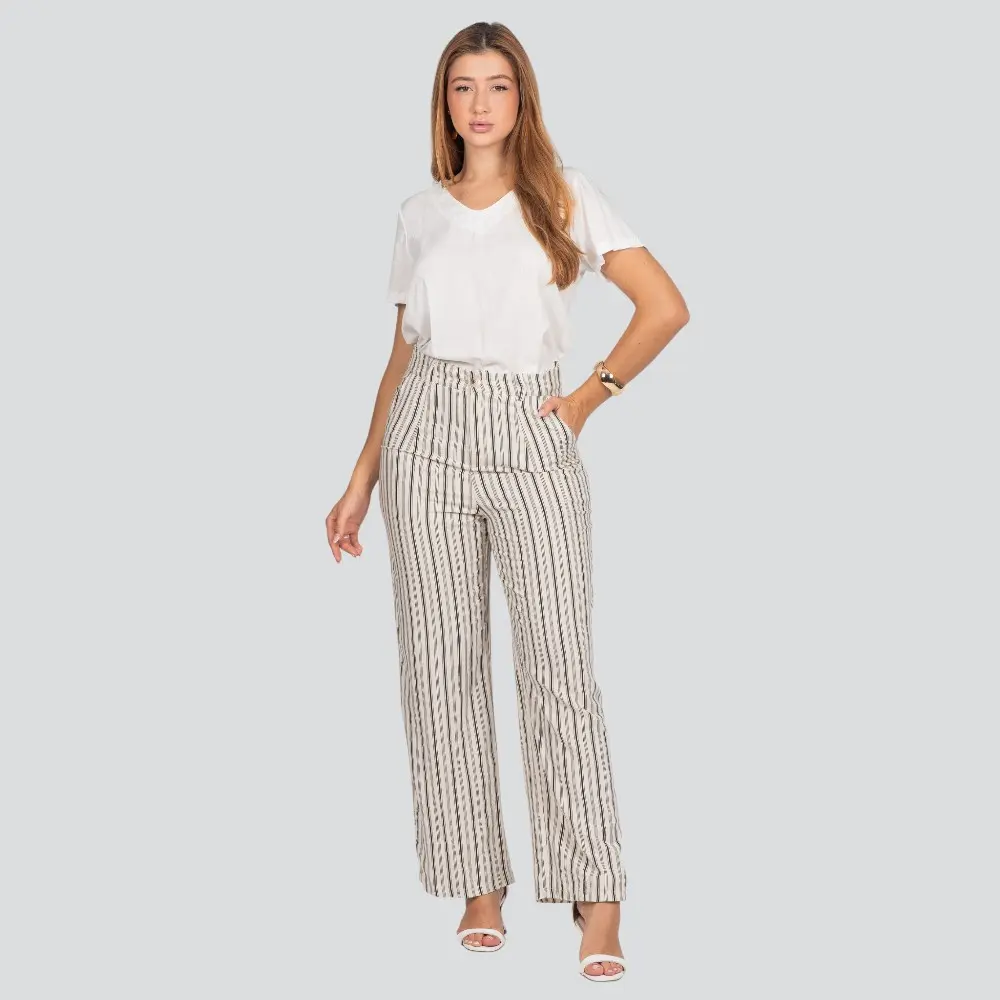 Calça Feminina Pantalona Risca de Giz Linho .JK1073-24