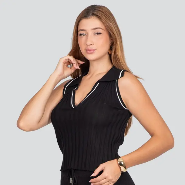 Regata Feminina Gola Polo Tricô Modal .HF390 Preto