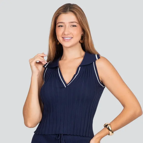 Regata Feminina Gola Polo Tricô Modal .HF390 Marinho