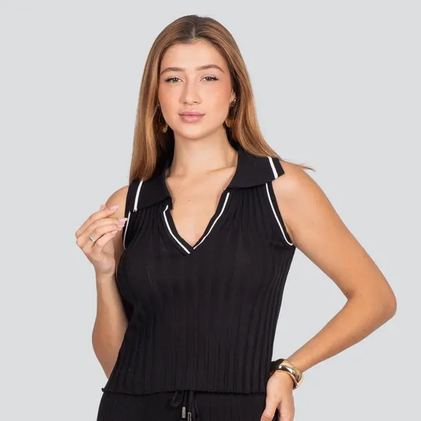 Regata Feminina Gola Polo Tricô Modal .HF390 Preto