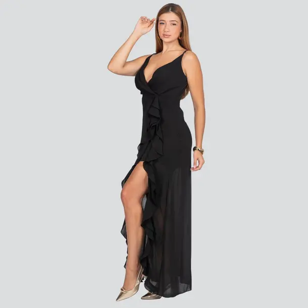 Vestido Feminino Midi Alça Fina com Babado .JK1623 Preto