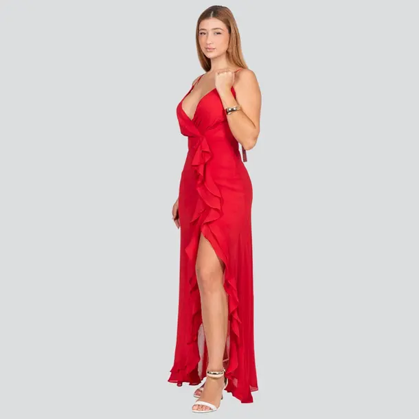 Vestido Feminino Midi Alça Fina com Babado .JK1623 Vermelho