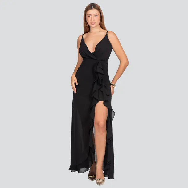 Vestido Feminino Midi Alça Fina com Babado .JK1623 Preto