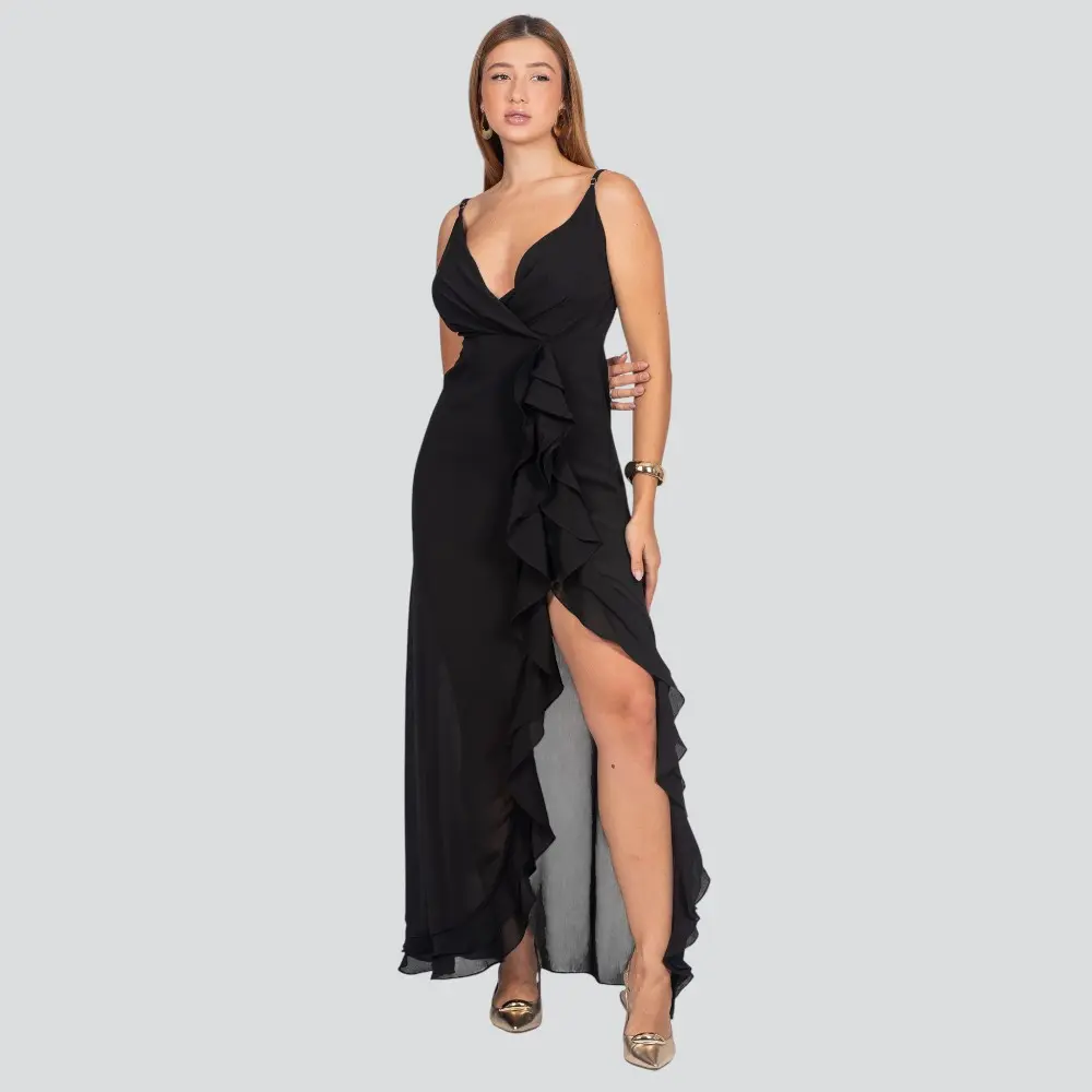 Vestido Feminino Midi Alça Fina com Babado .JK1623