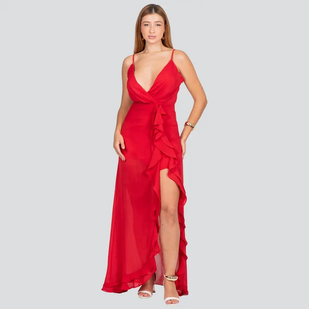 Vestido Feminino Midi Alça Fina com Babado .JK1623