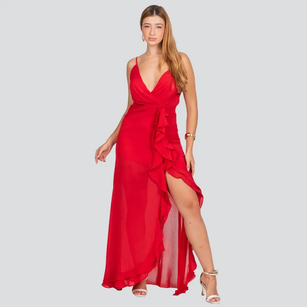 Vestido Feminino Midi Alça Fina com Babado .JK1623