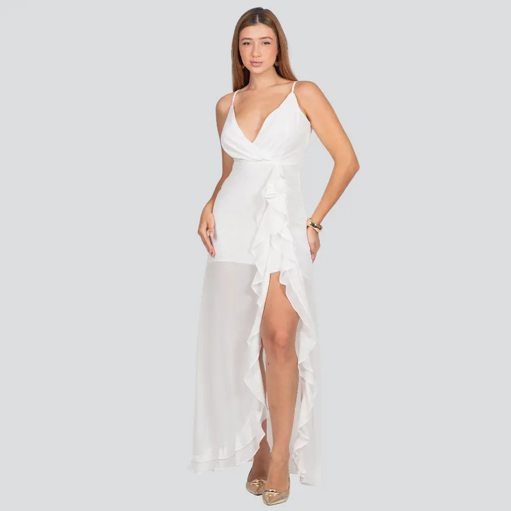 Vestido Feminino Midi Alça Fina com Babado .JK1623