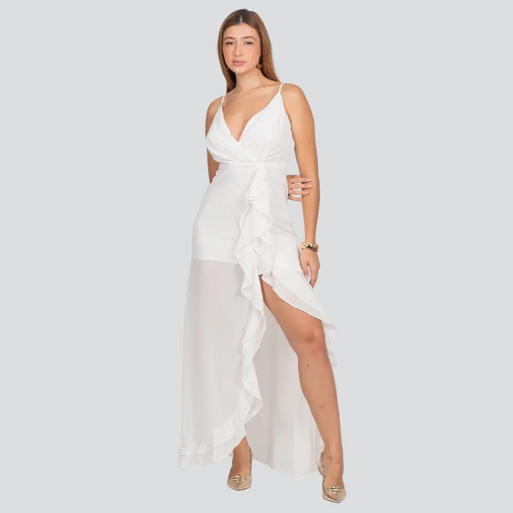 Vestido Feminino Midi Alça Fina com Babado .JK1623