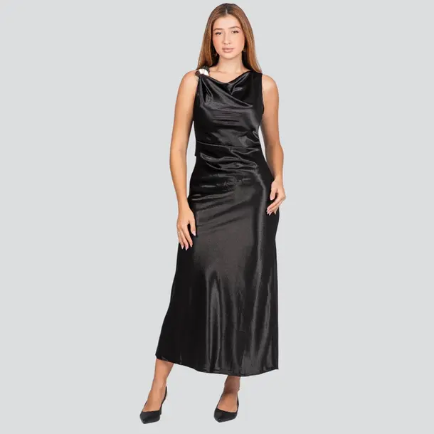 Vestido Feminino Alça Média Midi Acetinado .JK1728 Preto