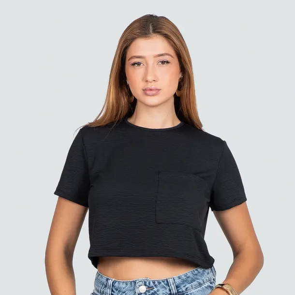 Cropped Feminino Manga Curta Com Bolso .1100517 Preto