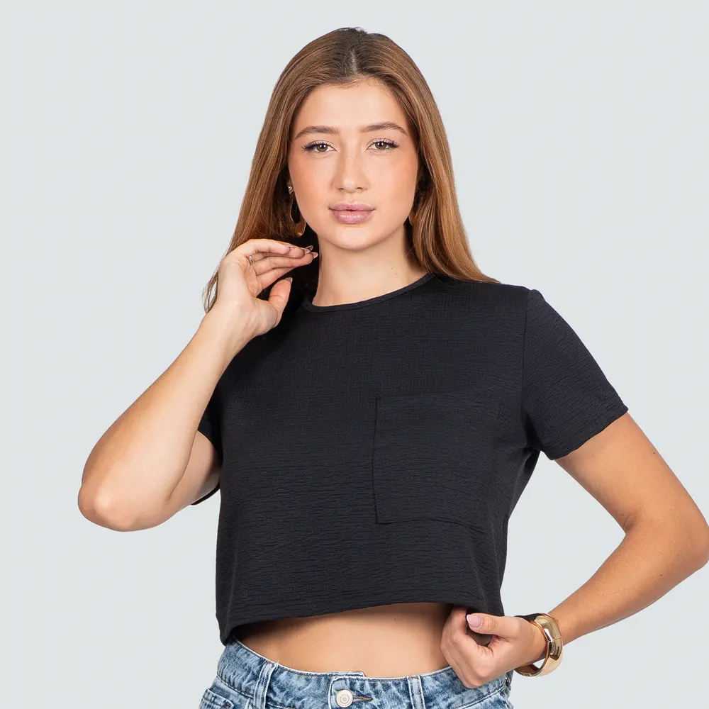 Cropped Feminino Manga Curta Com Bolso .1100517