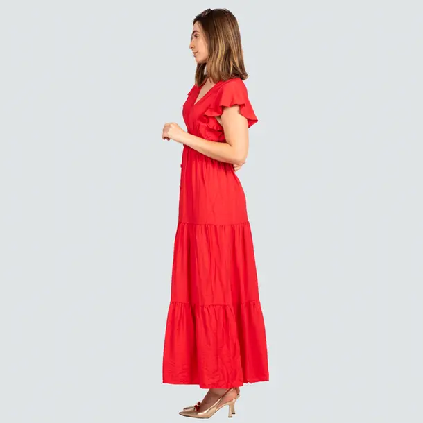 Vestido Feminino Longo Manga Curta com Marias .FY19 Vermelho