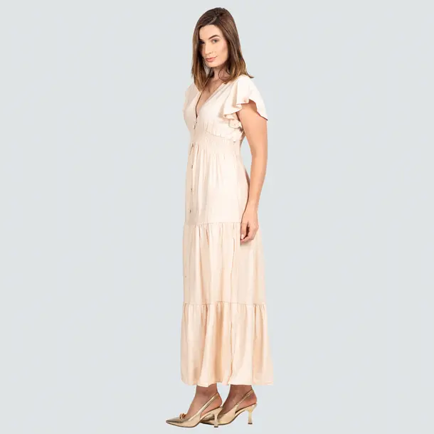 Vestido Feminino Longo Manga Curta com Marias .FY19 Bege