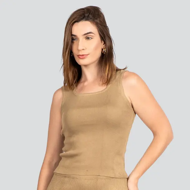 Regata Feminina Tricô Modal Listrada .LW4652B Bege