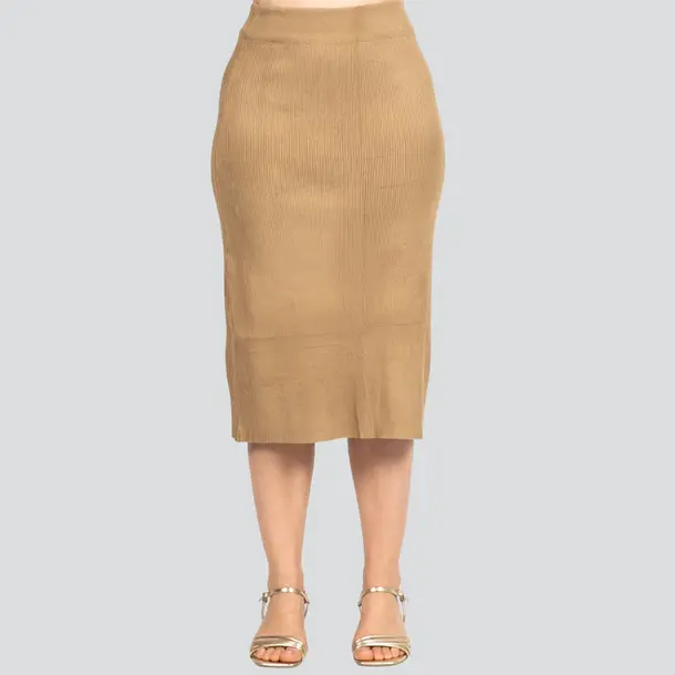 Saia Feminina Midi Tricô Modal Listrada .LW4652S Bege