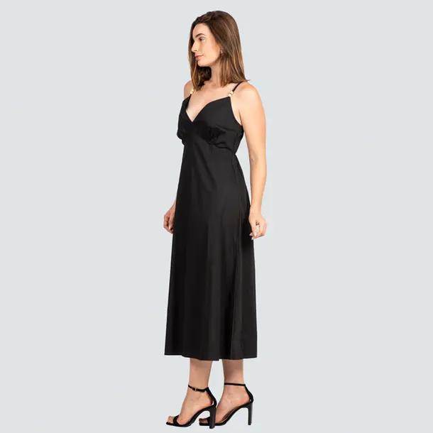 Vestido Feminino Tricoline Alça Fina Midi .VE028 Preto