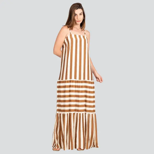 Vestido Longo Feminino Alça Amarração Listrado .VE009 Bege