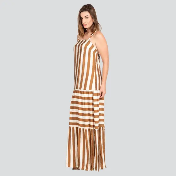 Vestido Longo Feminino Alça Amarração Listrado .VE009 Bege