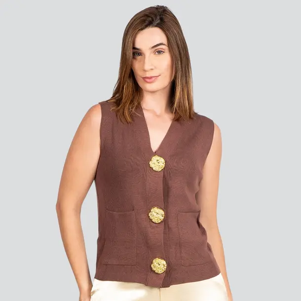Colete Feminino Tricô Modal com Botões Metalizados .1836 Marrom