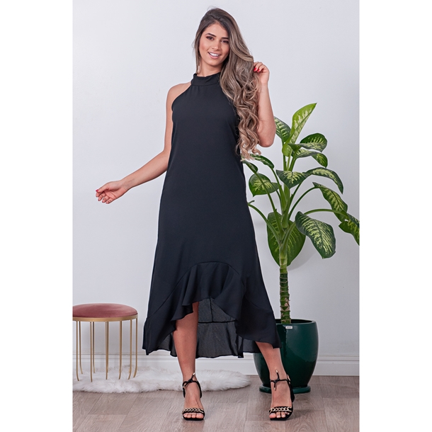 Vestido shops de crepe com babado na barra