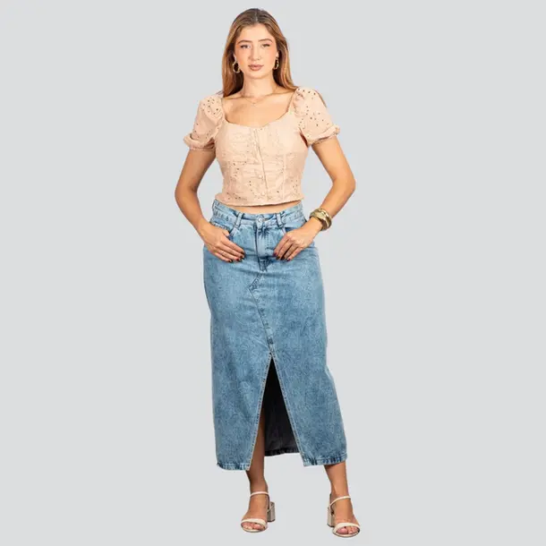 Saia Jeans Longa com Fenda Frontal .3094 Lav Media