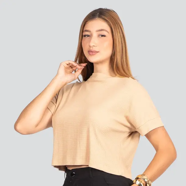 Blusa Feminina Manga Curta Waffle Ampla .8100 Bege
