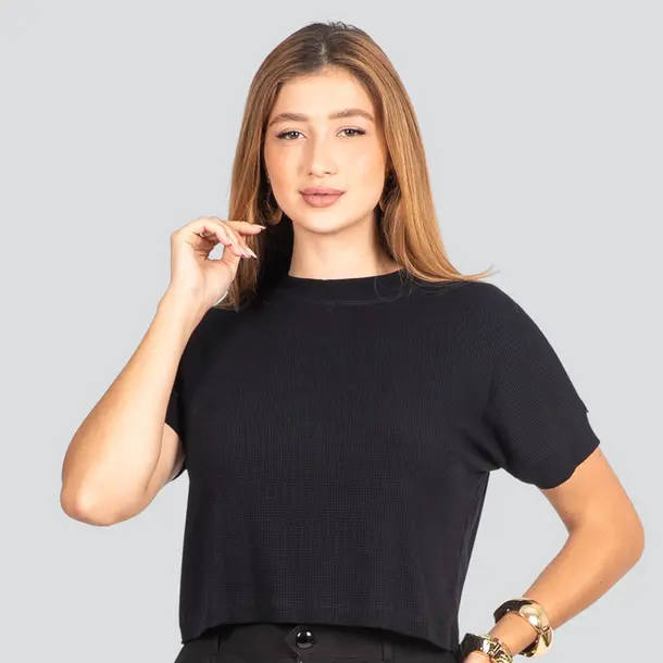 Blusa Feminina Manga Curta Waffle Ampla .8100 Preto