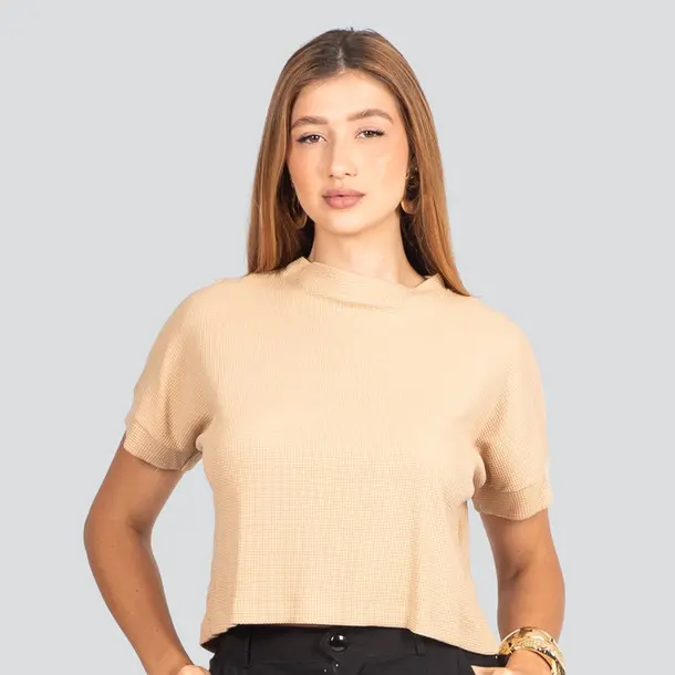 Blusa Feminina Manga Curta Waffle Ampla .8100 Bege